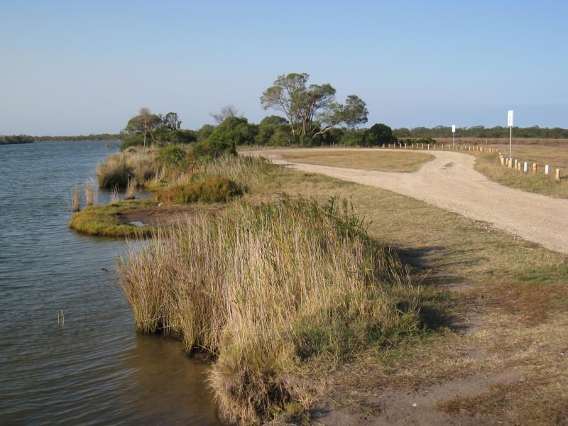 Golden Beach - McLennan Strait, Seacombe Landing Road: View north-east along McLennan Strait at end of road