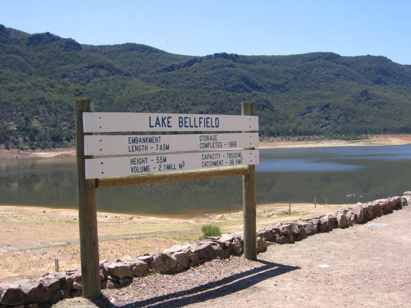 Halls Gap - Lake Bellfield, Grampians Road: Lake Bellfield sign at dam wall, northern end of lake