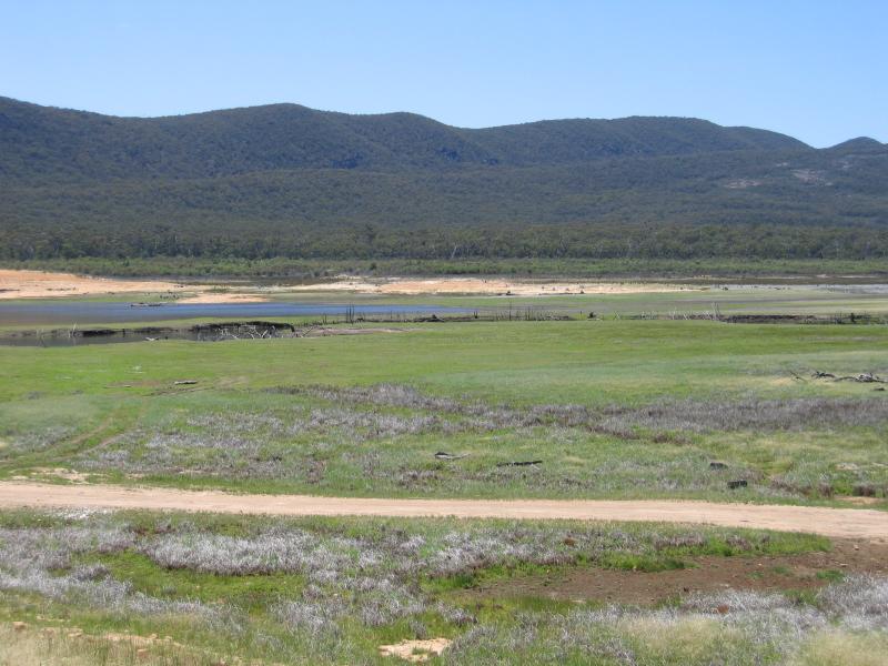 Halls Gap - Lake Bellfield, Grampians Road: View across dry part of lake near Silverband Rd