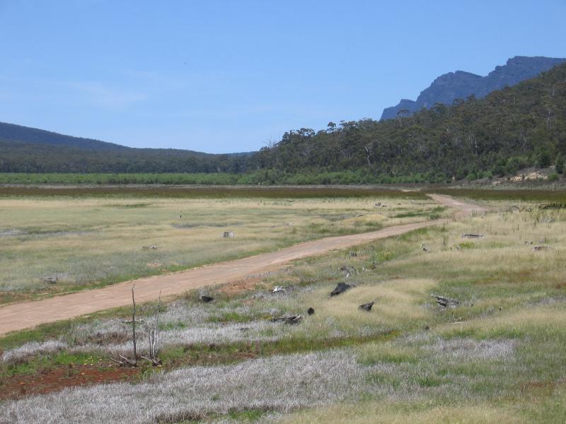 Halls Gap - Lake Bellfield, Grampians Road: View across dry part of lake near Silverband Rd