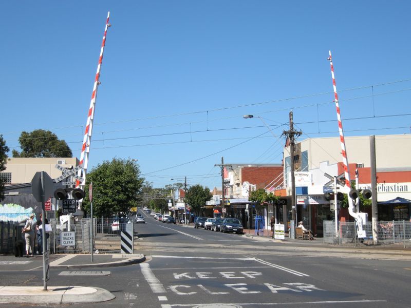 Hampton - Shops and commercial centre, Hampton Street: View south along Hampton St towards railway crossing