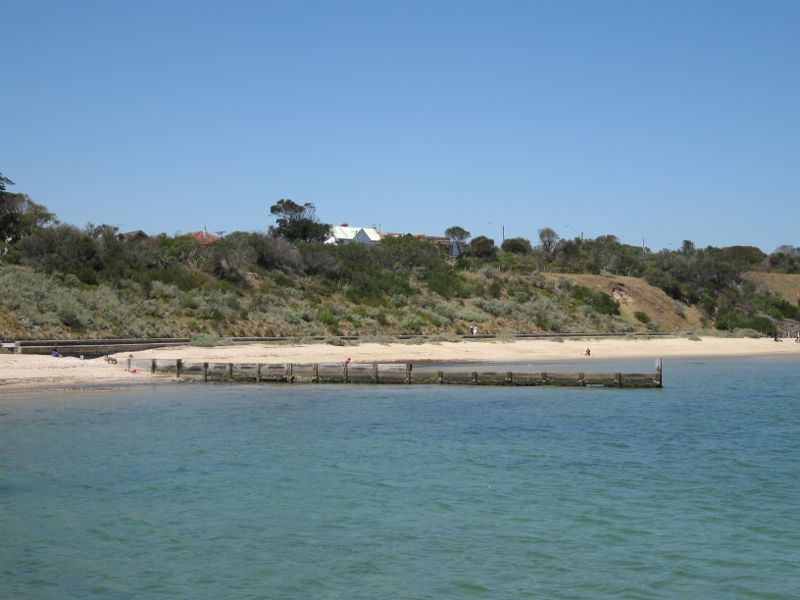Hampton - Beach and coastline around Linacre Road: View across bay towards beach