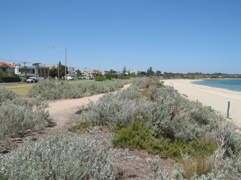 Hampton - Beach and coastline north of Hampton Lifesaving Club: View south-east along foreshore