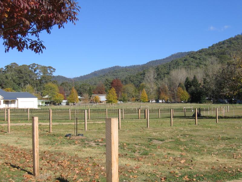 Harrietville - Shops and commercial centre, Great Alpine Road: View south-west across fields, Great Alpine Rd at Feathertop La