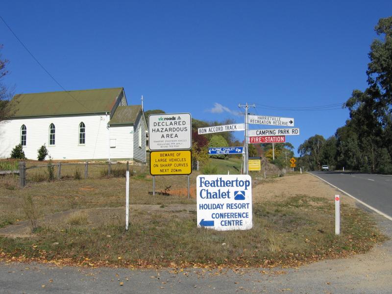 Harrietville - Shops and commercial centre, Great Alpine Road - Anglican Church, view south along Great Alpine Rd at Bon Accord Track