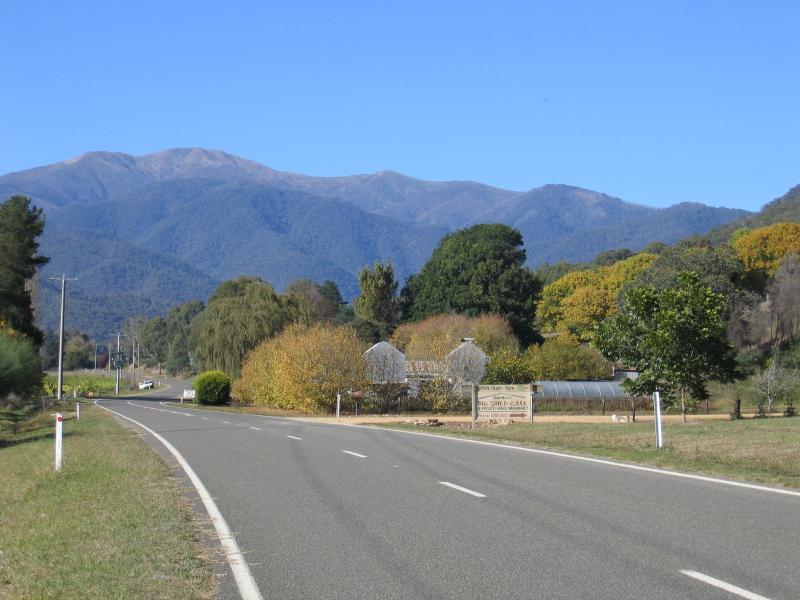 Harrietville - Smoko, Great Alpine Road 10 kilometres north of Harrietville: View south-east along Great Alpine Rd at Big Shed Cafe