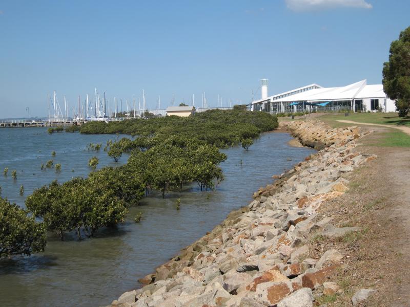 Hastings - Foreshore and Fred Smith Reserve, Marine Parade: Mangroves along foreshore, view south towards jetty and recreation centre