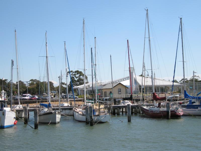 Hastings - Hastings Jetty and Pelican Park Recreation Centre: View from jetty across marina and back towards the shore