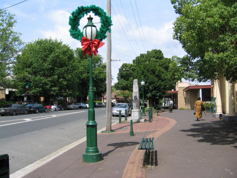 Healesville - Shops and commercial centre, Nicholson Street west of Badger Creek Road: Christmas decorations, view west along Nicholson St at community centre
