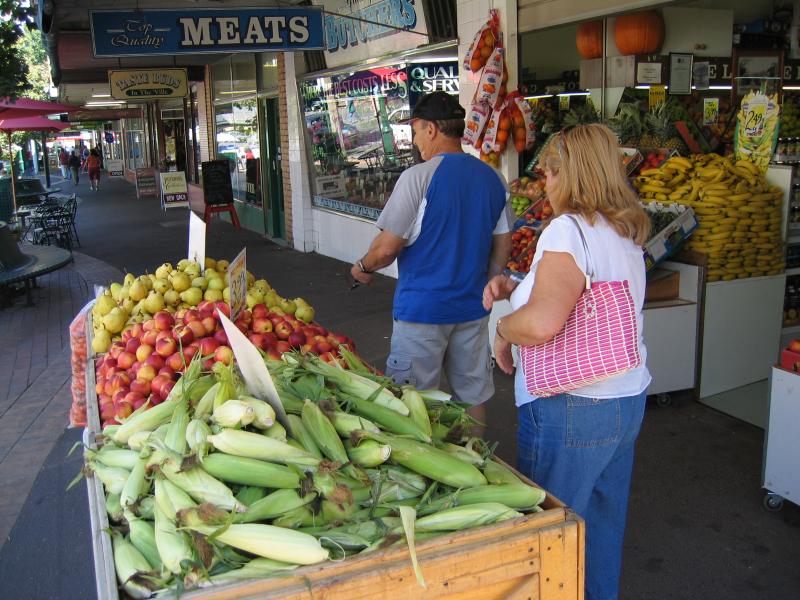 Healesville - Shops and commercial centre, Nicholson Street west of Badger Creek Road: Fruit shop, view west along Nicholson St, west of Green St