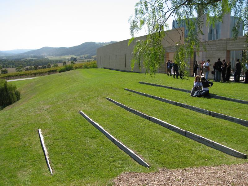 Healesville - TarraWarra Estate winery, Yarra Glen Road: View north-east across lawns at winery