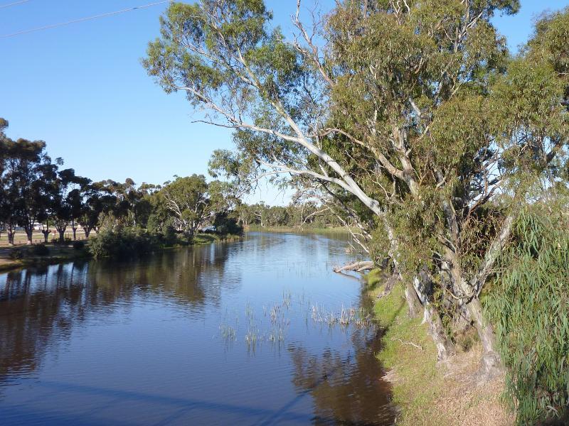 Horsham - Wimmera River viewed from bridge at Stawell Road: View east along river