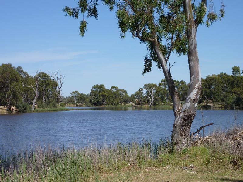Horsham - Wimmera River at Boat Haven and River Park, Barnes Boulevard: View west along river at River Park
