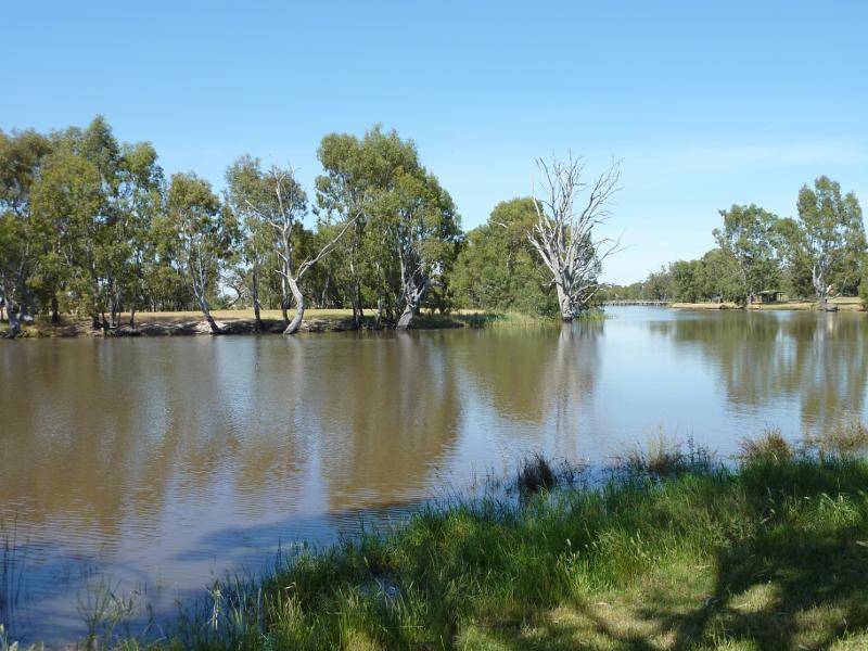Horsham - Wimmera River at boat ramp at southern end of Drummond Street: View south-west along river