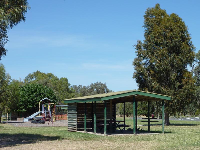 Horsham - Wimmera River at Weir Park, east side of weir: Shelter and playground