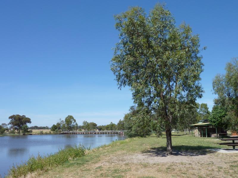 Horsham - Wimmera River at Weir Park, east side of weir: View south-west along river towards weir