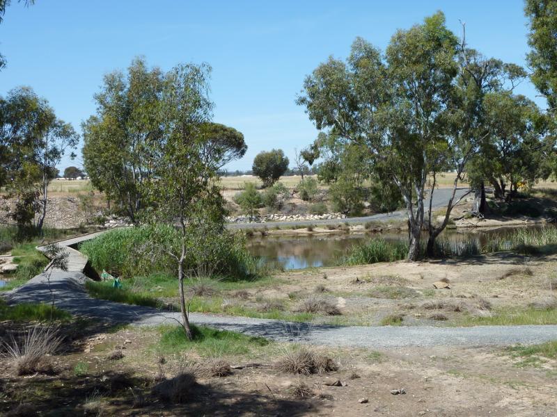 Horsham - Wimmera River on west wide of weir and at wetlands: View south across wetlands towards river