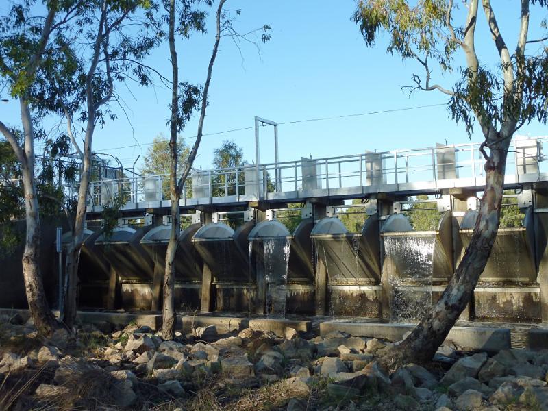 Horsham - Wimmera River on west wide of weir and at wetlands: View east towards weir from wetlands