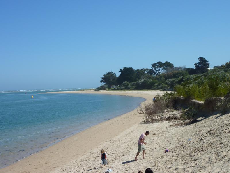 Inverloch - Inverloch town beach, Anderson Inlet west of Inverloch Jetty: South-westerly view along beach