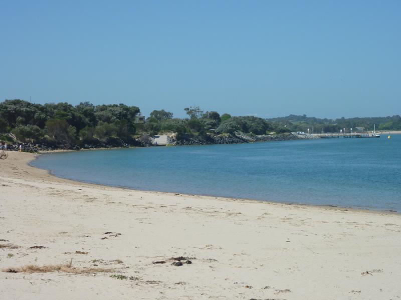 Inverloch - Beach along Ramsey Boulevard at Hillside Avenue: View east along coast towards jetty