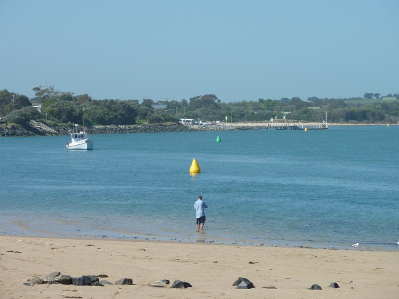 Inverloch - Beach along Ramsey Boulevard at Venus Street: View north-east across Anderson Inlet towards boat ramp