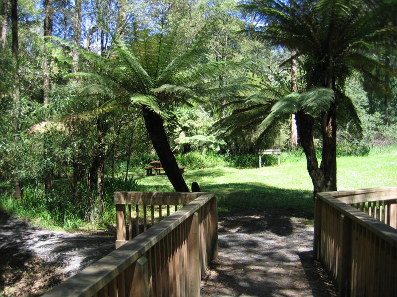 Kallista - Beagleys Bridge, Perrins Creek Road: View along footbridge across Sassafras Creek to picnic ground