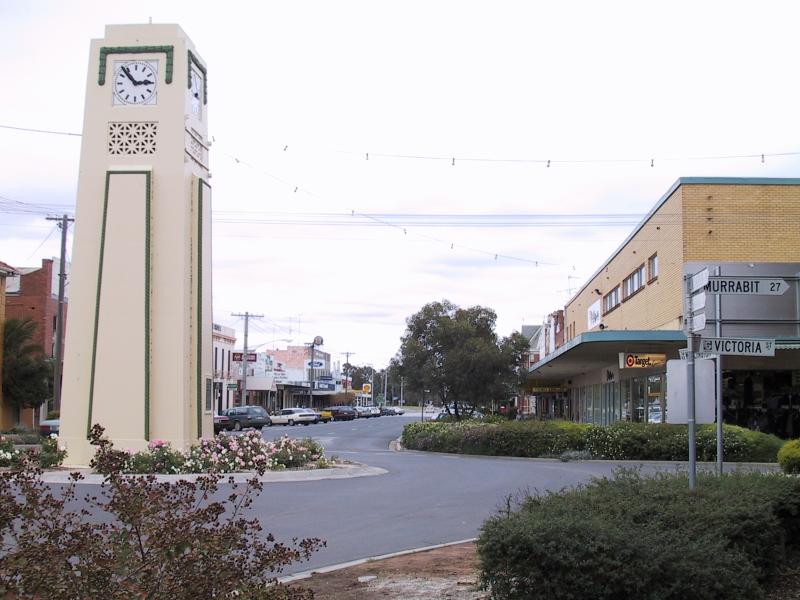 Kerang - Commercial centre and shops, Wellington Street and Victoria Street: Clock tower, view west along Wellington St at Victoria St