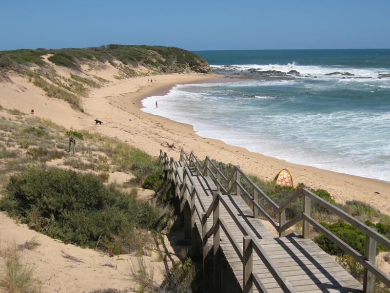 Kilcunda - Views from Kilcunda Foreshore Reserve above town beach: View down to beach from midway along steps at eastern end