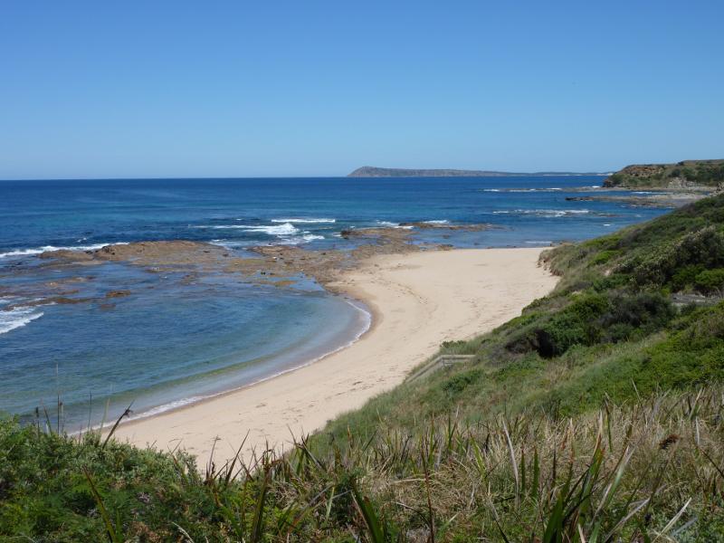 Kilcunda - Views from Kilcunda Foreshore Reserve above town beach: View north-west along beach towards steps near BBQ shelter