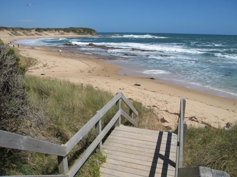 Kilcunda - Views from Kilcunda Foreshore Reserve above town beach: Steps down to beach near BBQ shelter