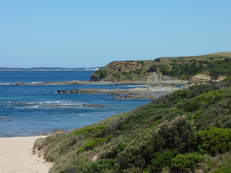 Kilcunda - Views from Kilcunda Foreshore Reserve above town beach: View north-west along coast from near BBQ shelter