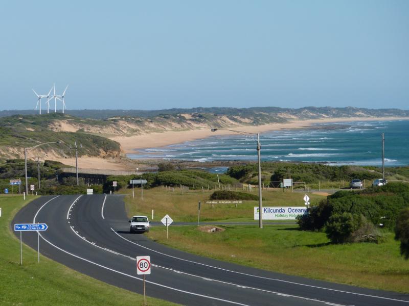 Kilcunda - Bass Highway south-east of town centre: View south-east along Bass Hwy towards caravan park and beach at Trestle Bridge