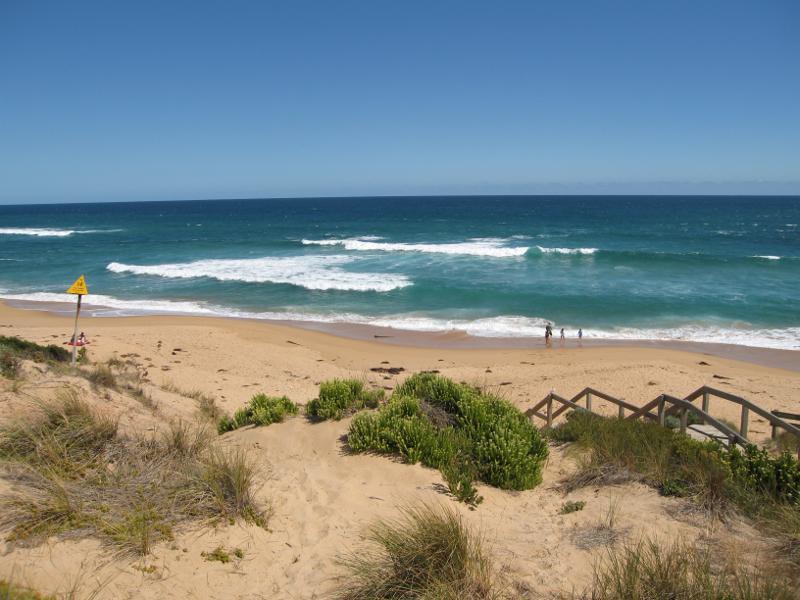Kilcunda - Trestle Bridge and Bass Coast Rail Trail, Bass Highway around Bourne Creek: View down to beach from steps on east side of Trestle Bridge