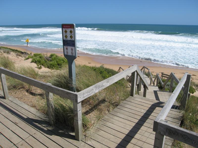Kilcunda - Trestle Bridge and Bass Coast Rail Trail, Bass Highway around Bourne Creek: Steps down to beach on east side of Trestle Bridge