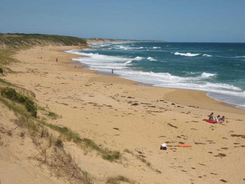 Kilcunda - Trestle Bridge and Bass Coast Rail Trail, Bass Highway around Bourne Creek: View south-east along beach from steps on east side of Trestle Bridge