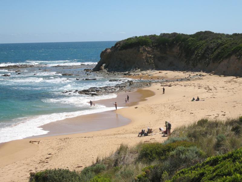 Kilcunda - Trestle Bridge and Bass Coast Rail Trail, Bass Highway around Bourne Creek: View north-east along beach from steps on east side of Trestle Bridge