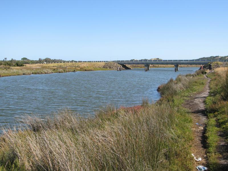 Kilcunda - Mouth Of Powlett Road: View south along Powlett River towards bridge at Mouth Of Powlett Rd