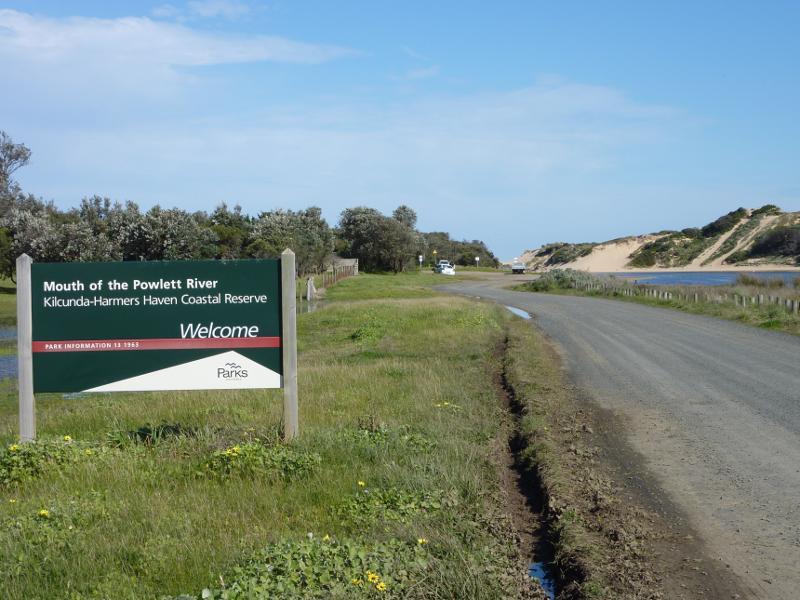 Kilcunda - Powlett River around river mouth and surrounding ocean beach: View south towards car park upstream from river mouth