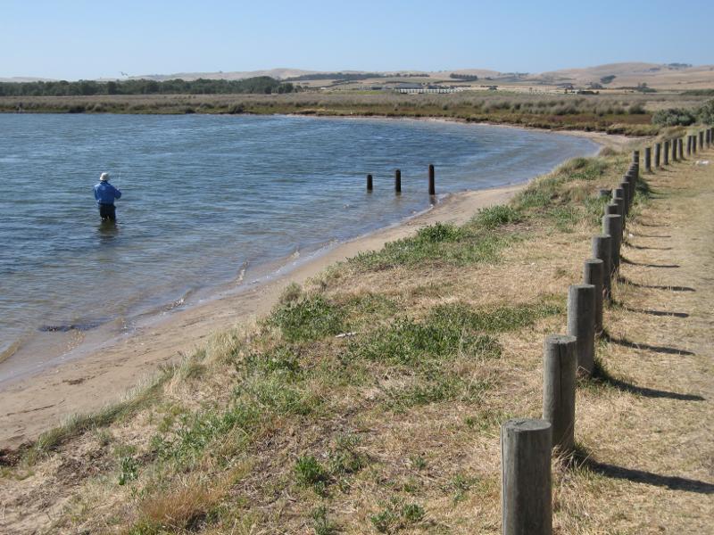 Kilcunda - Powlett River around river mouth and surrounding ocean beach: View north along Powlett River at car park