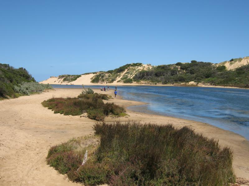 Kilcunda - Powlett River around river mouth and surrounding ocean beach: View south along river from south of car park