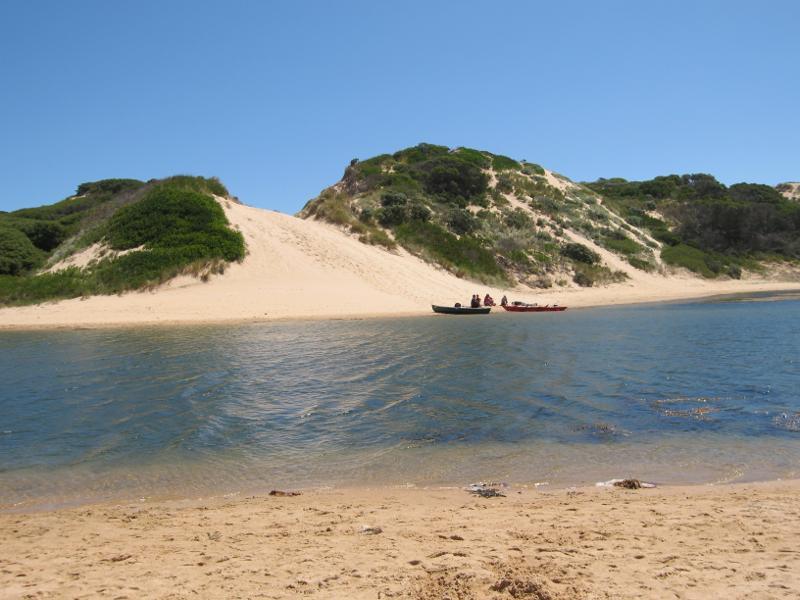Kilcunda - Powlett River around river mouth and surrounding ocean beach: View west across river towards sand dunes