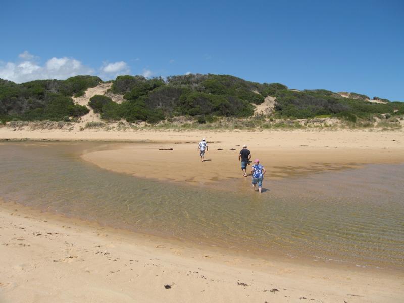 Kilcunda - Powlett River around river mouth and surrounding ocean beach: View east across river near river mouth