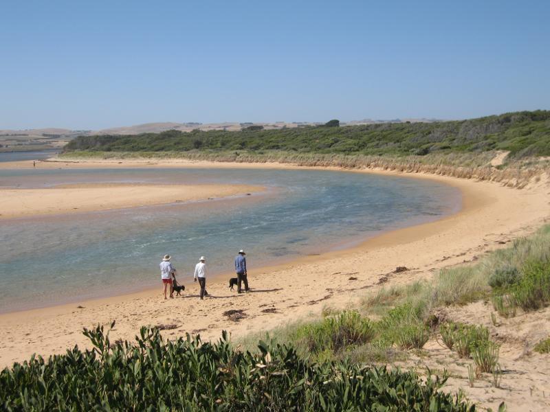 Kilcunda - Powlett River around river mouth and surrounding ocean beach: View north along river from sand dunes on east side of river mouth