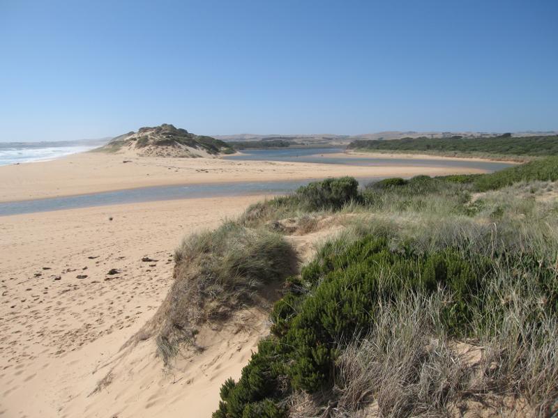 Kilcunda - Powlett River around river mouth and surrounding ocean beach: View north-west along river and ocean beach from sand dunes on east side of river mouth