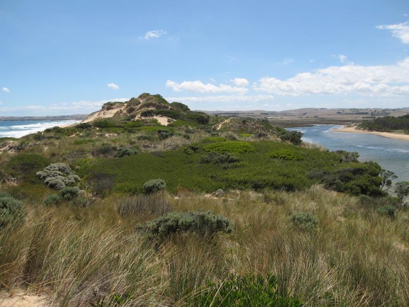 Kilcunda - Powlett River around river mouth and surrounding ocean beach: View north-west along sand dunes between ocean beach and river mouth