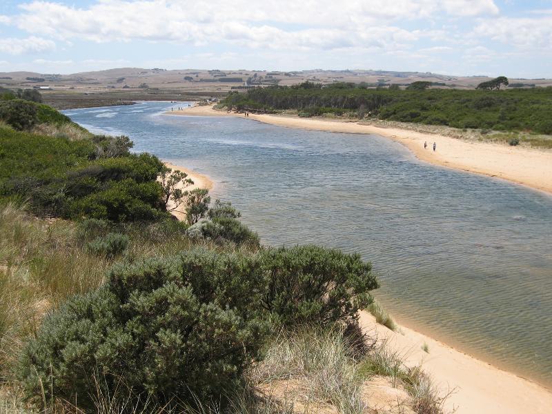 Kilcunda - Powlett River around river mouth and surrounding ocean beach: View north along river from sand dunes on west side of river mouth