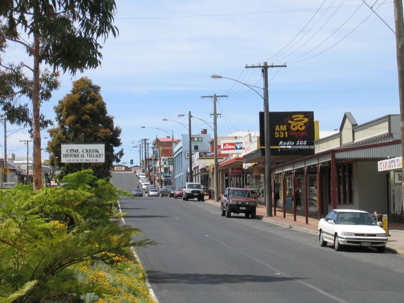 Korumburra - Commercial centre and shops, Commercial Road, Bridge Street and Mine Road: View south-east along Commercial St between Radovick St and King St