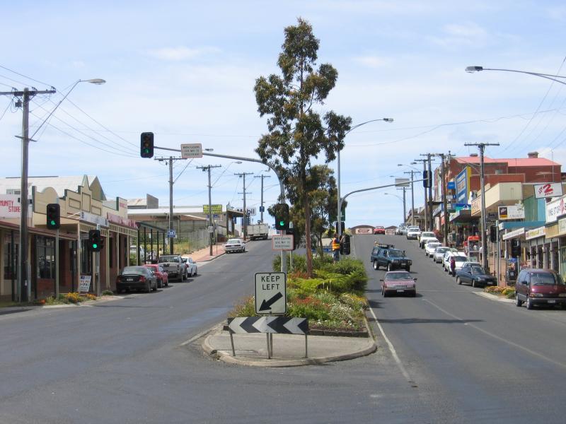 Korumburra - Commercial centre and shops, Commercial Road, Bridge Street and Mine Road: View south-east along Commercial St at Radovick St