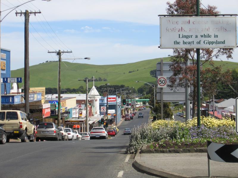 Korumburra - Commercial centre and shops, Commercial Road, Bridge Street and Mine Road - View north-west along Commercial St between Bridge St and Radovick St