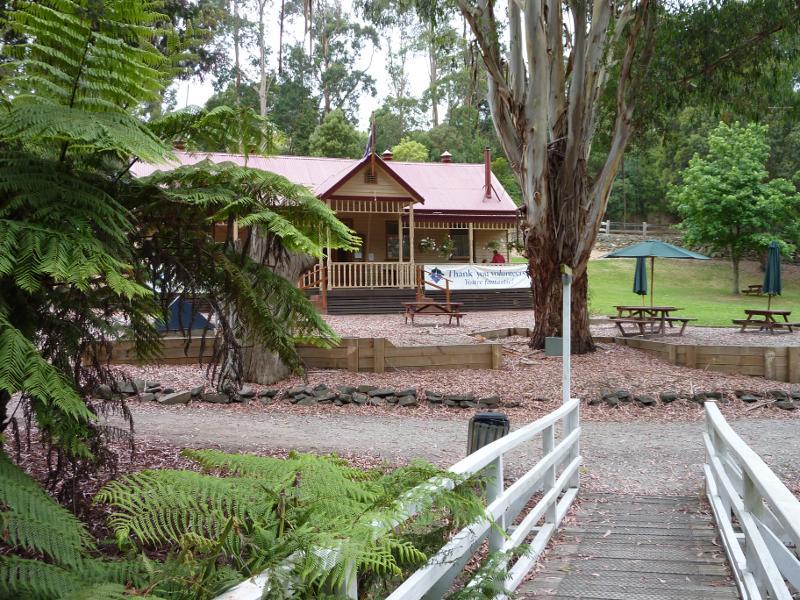 Korumburra - Coal Creek Heritage Village, Silkstone Road: View of cafe from bridge over lake